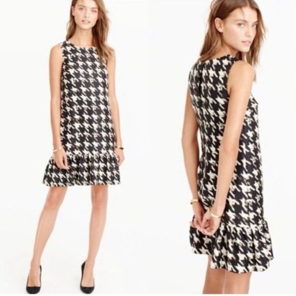 J. Crew Houndstooth Flounce Silk Dress in Wolfstooth, Size 2